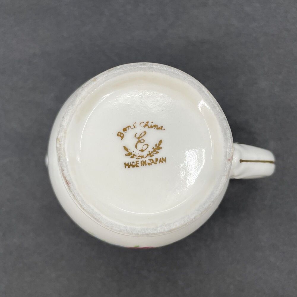 Porcelain Creamer Pink Roses Gold Trim Bone China Japan E Backstamp 4" Vintage - Picture 6 of 11